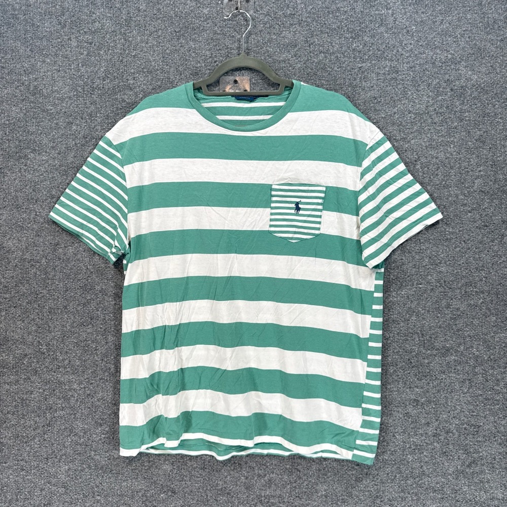 Polo Ralph Lauren Tshirt Mens Large Green Striped Pocket Tee Cotton Short Slv